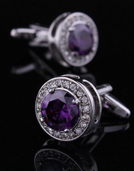 Mens Stainless Steel Purple Round Big Stone Cufflinks for Shirt with Box - Hand Crafted Perfect Gift - Amedeo Exclusive