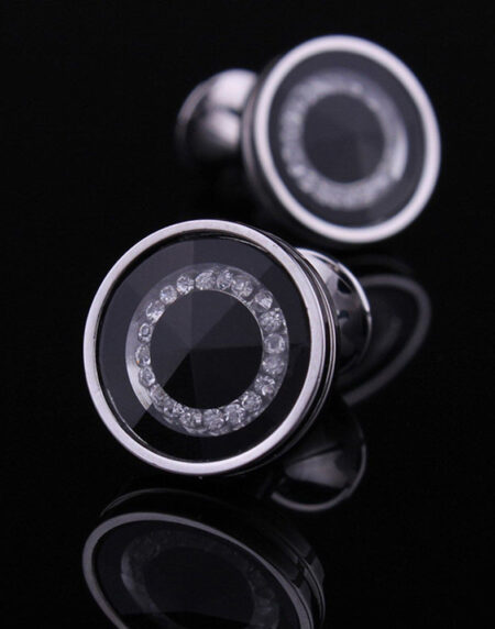 Men's Stainless Steel Round Silver Black with Zirconia's Cufflinks with Box - Amedeo Exclusive