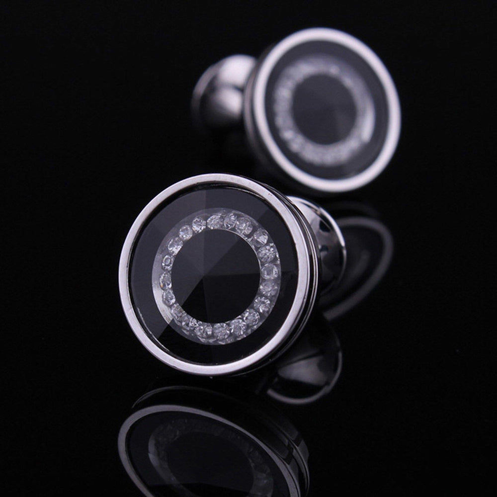 Men's Stainless Steel Round Silver Black with Zirconia's Cufflinks with Box - Amedeo Exclusive