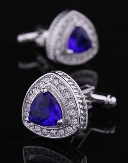 Mens Stainless Steel Silver with Light Blue Stone Triangle Cufflinks for Shirt with Box - Hand - Amedeo Exclusive