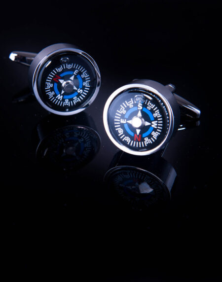 Men's Stainless Steel Silver with Black Compass (Fully Functional) Cufflinks with Box - Amedeo Exclusive