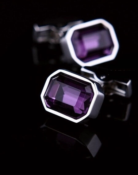 Mens Stainless Steel Silver with Big Purple Stone Rectangular Cufflinks for Shirt with Box - Hand - Amedeo Exclusive