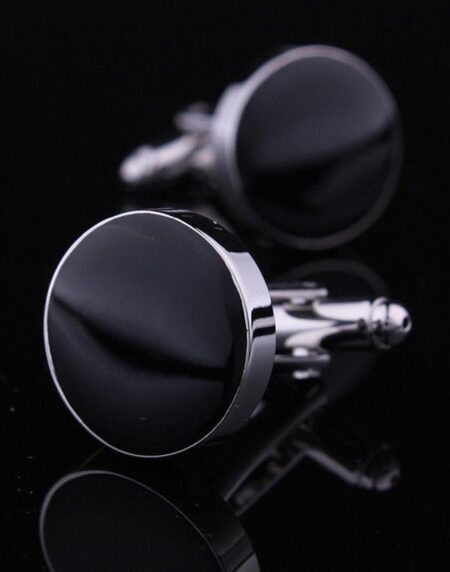 Men's Stainless Steel Silver with Black Solid Round Cufflinks with Box - Amedeo Exclusive
