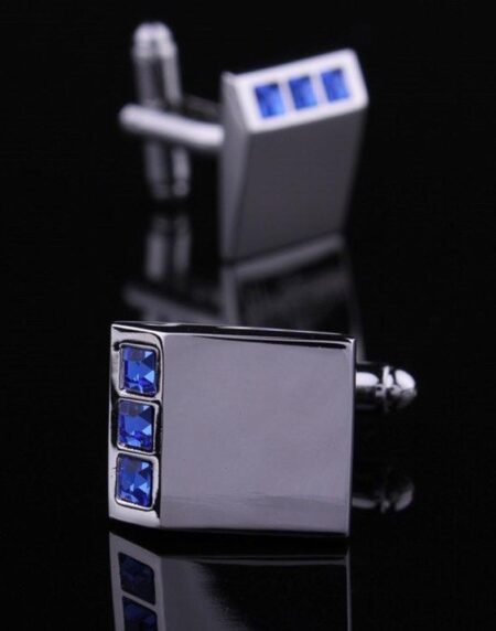 Men's Stainless Steel Silver with 3 small blue stones Cufflinks with Box - Amedeo Exclusive