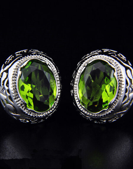 Mens Stainless Steel Silver w/ Big Green Stone Cufflinks for Shirt with Box - Hand Crafted Perfect - Amedeo Exclusive