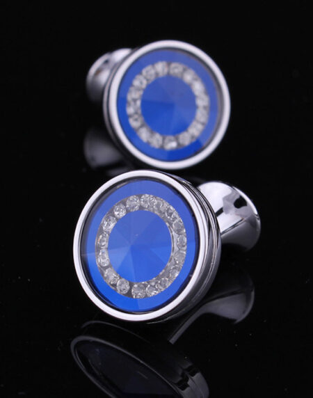 Mens Stainless Steel Round Topaz Blue With Stones Cufflinks for Shirt with Box - Hand Crafted - Amedeo Exclusive
