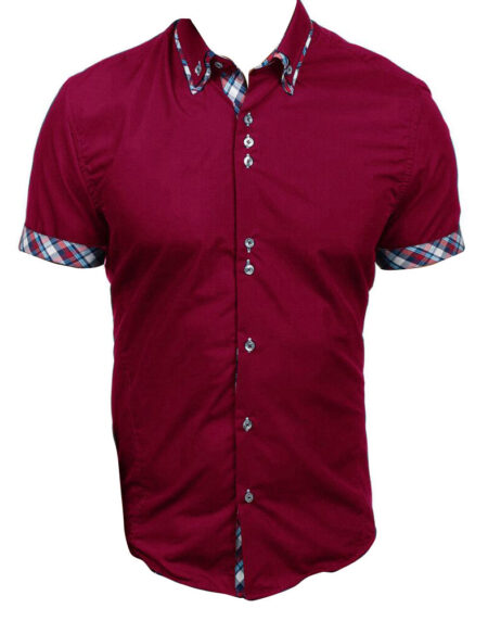 Men's Button down Tailor Fit Soft 100% Cotton Short Sleeve Dress Shirt Burgandy with Colorful Check casual And Formal - Amedeo Exclusive