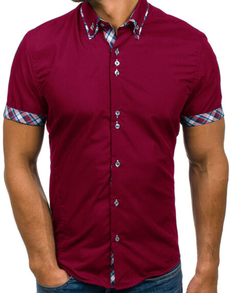 Men's Button down Tailor Fit Soft 100% Cotton Short Sleeve Dress Shirt Burgandy with Colorful Check casual And Formal - Amedeo Exclusive