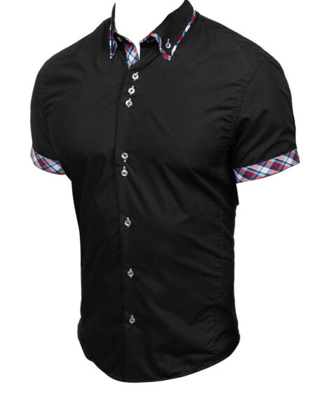 Men's Button down Tailor Fit Soft 100% Cotton Short Sleeve Dress Shirt Black with Colorful Check casual And Formal - Amedeo Exclusive