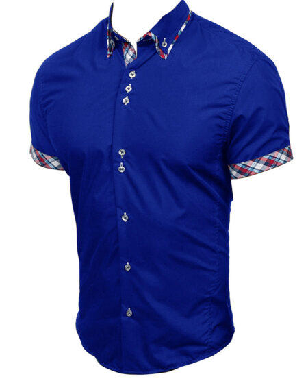 Men's Button down Tailor Fit Soft 100% Cotton Short Sleeve Dress Shirt Medium Blue with Colorful Check casual And Formal - Amedeo Exclusive