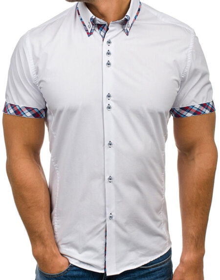 Men's Button down Tailor Fit Soft 100% Cotton Short Sleeve Dress Shirt  White with Colorful Checkcasual And Formal - Amedeo Exclusive