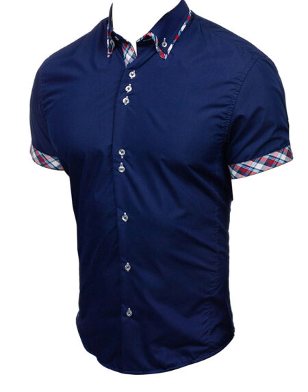 Men's Button down Tailor Fit Soft 100% Cotton Short Sleeve Dress Shirt Navy Blue with Colorful Check casual And Formal - Amedeo Exclusive