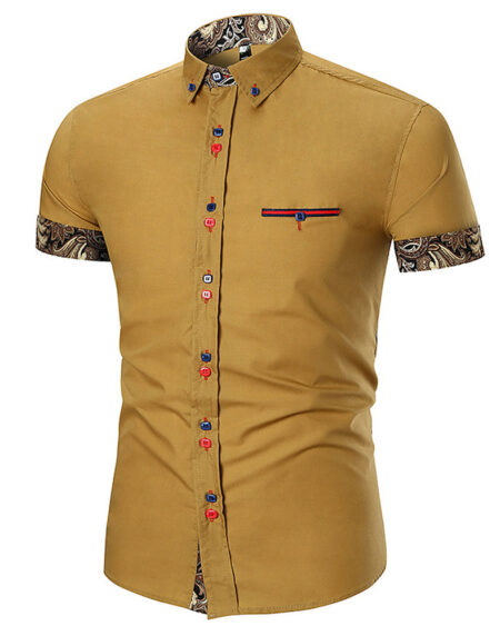 Men's Button down Tailor Fit Soft 100% Cotton Short Sleeve Dress Shirt Tan with Black Gold Paisley check casual And Formal - Amedeo Exclusive