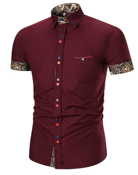 Men's Button down Tailor Fit Soft 100% Cotton Short Sleeve Dress Shirt Burgandy with Black Gold Paisley check casual And Formal - Amedeo Exclusive