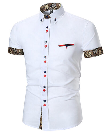 Men's Button down Tailor Fit Soft 100% Cotton Short Sleeve Dress Shirt White with Black Gold Paisley check casual And Formal - Amedeo Exclusive
