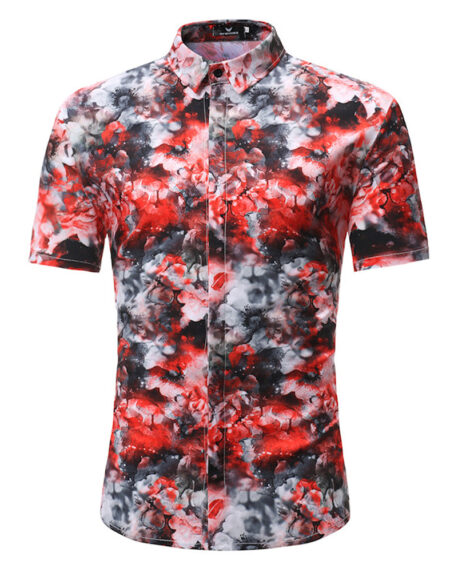 Red Black White Floral Mens Short Sleeve Button up Shirts - Tailored Slim Fit Cotton Dress Shirts - Amedeo Exclusive