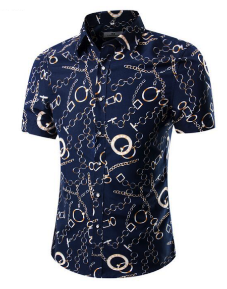 Men's Fashion Navy Blue Chains Slim Fit Short Sleeve Shirt - Amedeo Exclusive