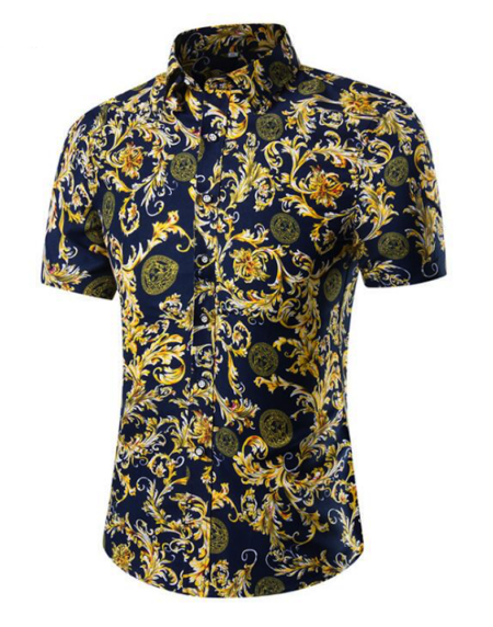 Men's Button down Tailor Fit Soft 100% Cotton Short Sleeve Dress Shirt Navy Blue Paisley casual And Formal - Amedeo Exclusive