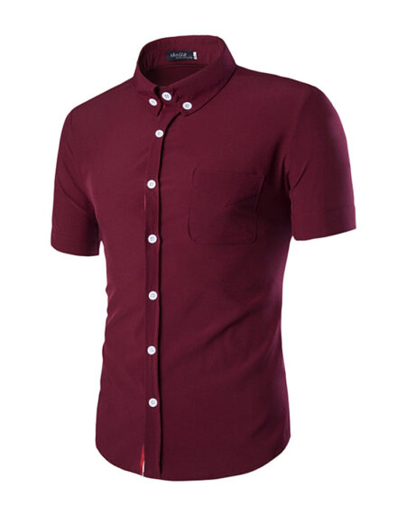 Men's Button down Tailor Fit Soft 100% Cotton Short Sleeve Dress Shirt Burgandy casual And Formal - Amedeo Exclusive