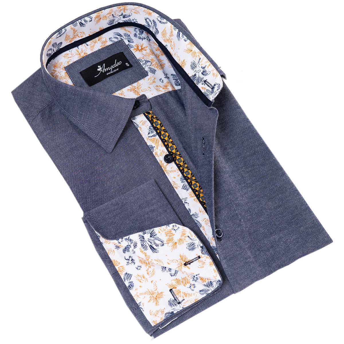 Bluish Slim Fit French Cuff Shirt for Men - Long Sleeve (Floral Design Inside) - Image 3