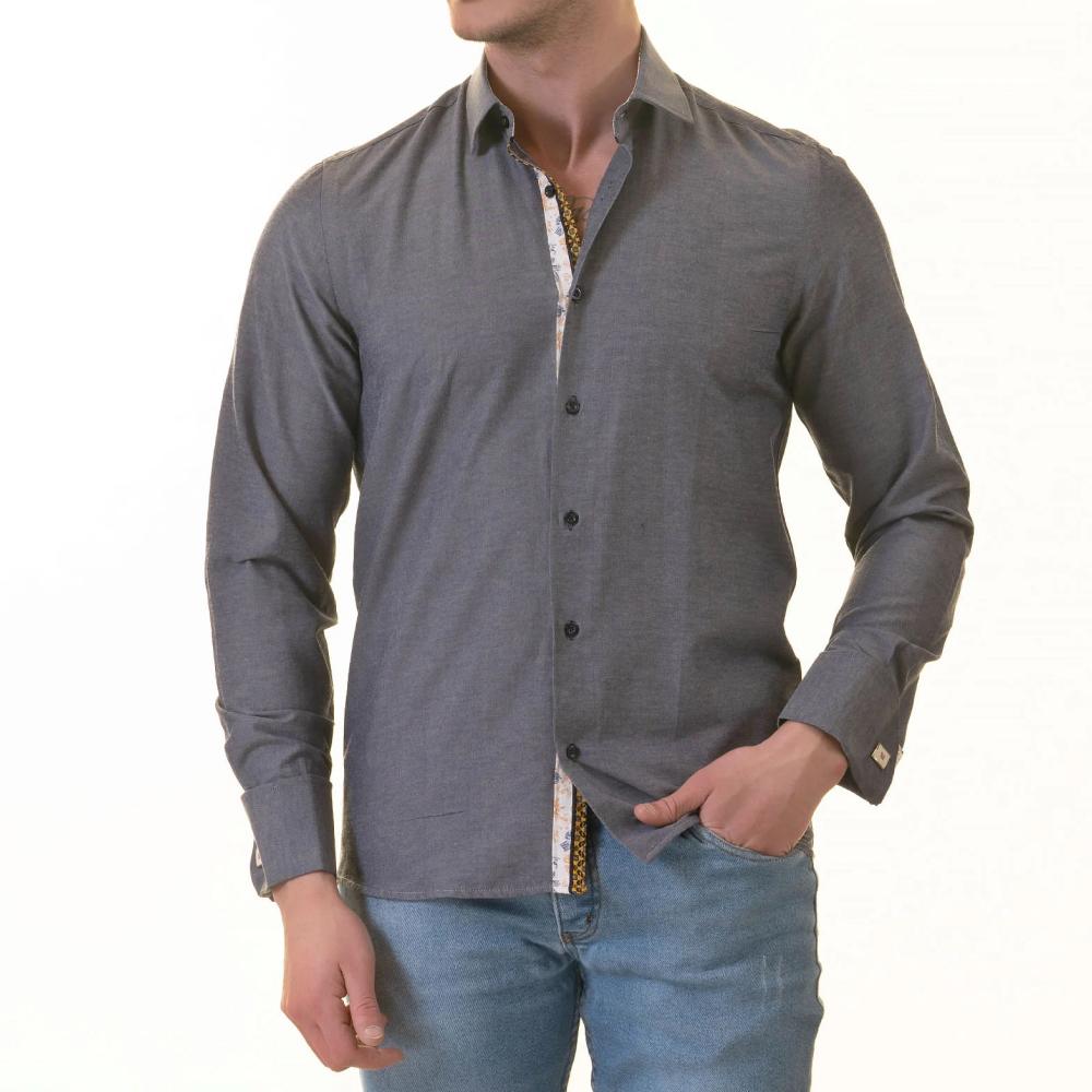 Bluish Slim Fit French Cuff Shirt for Men - Long Sleeve (Floral Design Inside)