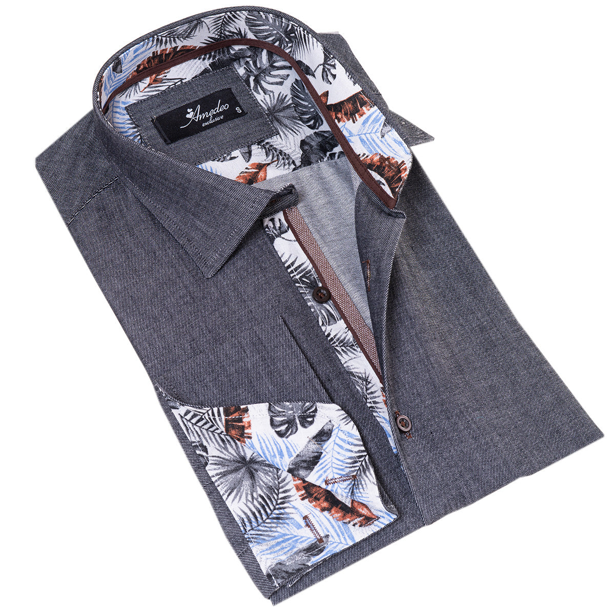 Gray French Cuff Shirt for Men - Long Sleeve, Slim Fit (Tropical Design Inside) - Image 3
