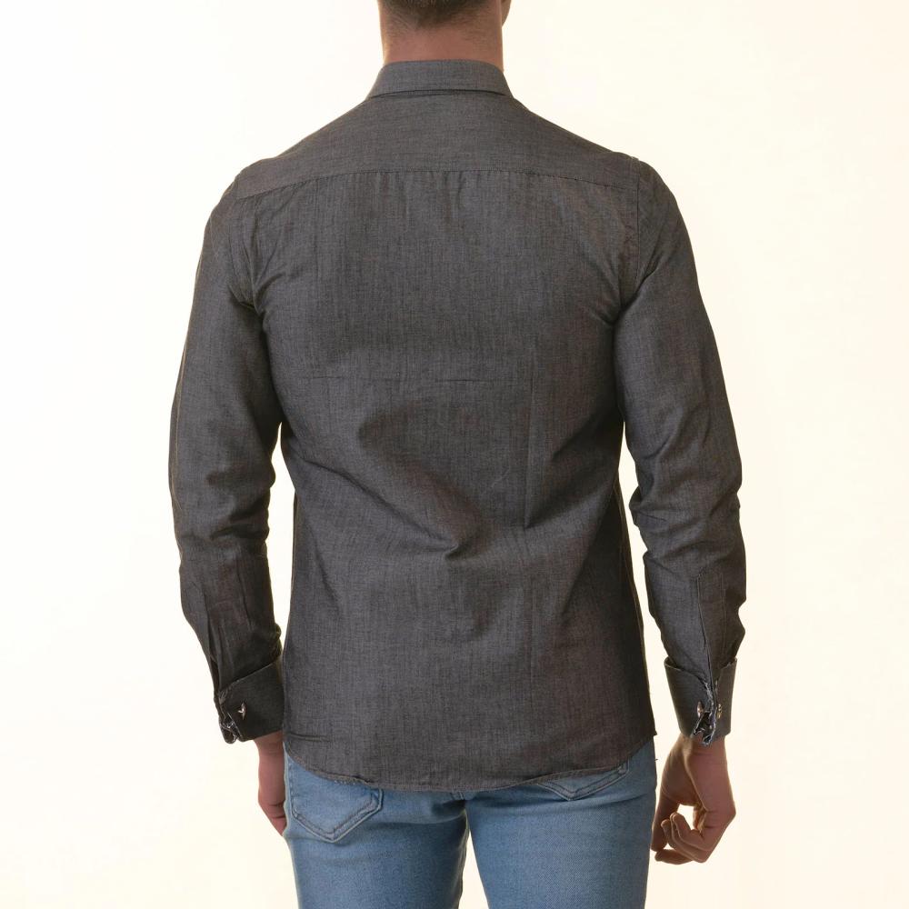 Gray French Cuff Shirt for Men - Long Sleeve, Slim Fit (Tropical Design Inside) - Image 2