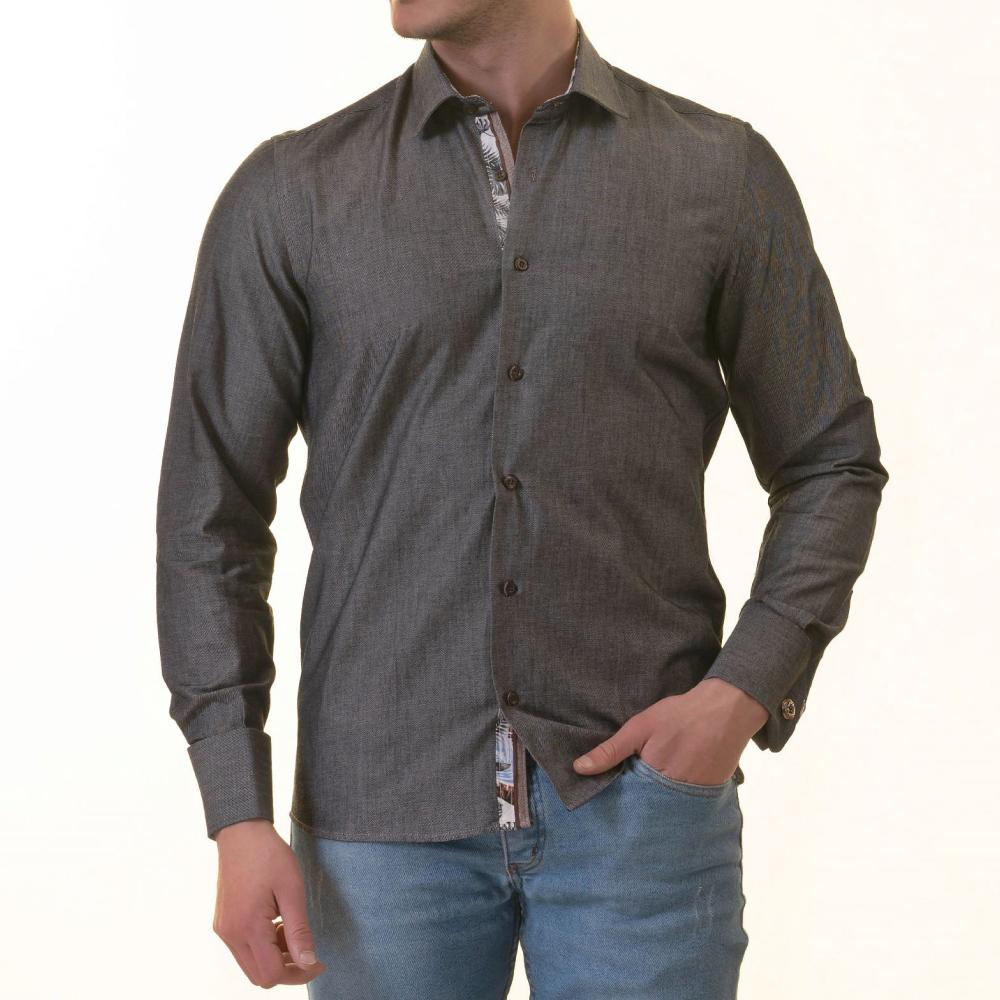 Gray French Cuff Shirt for Men - Long Sleeve, Slim Fit (Tropical Design Inside)