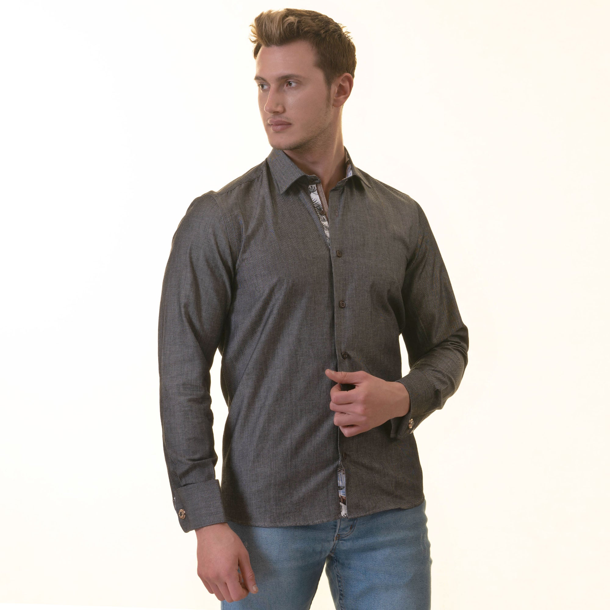 Gray French Cuff Shirt for Men - Long Sleeve, Slim Fit (Tropical Design Inside) - Image 4