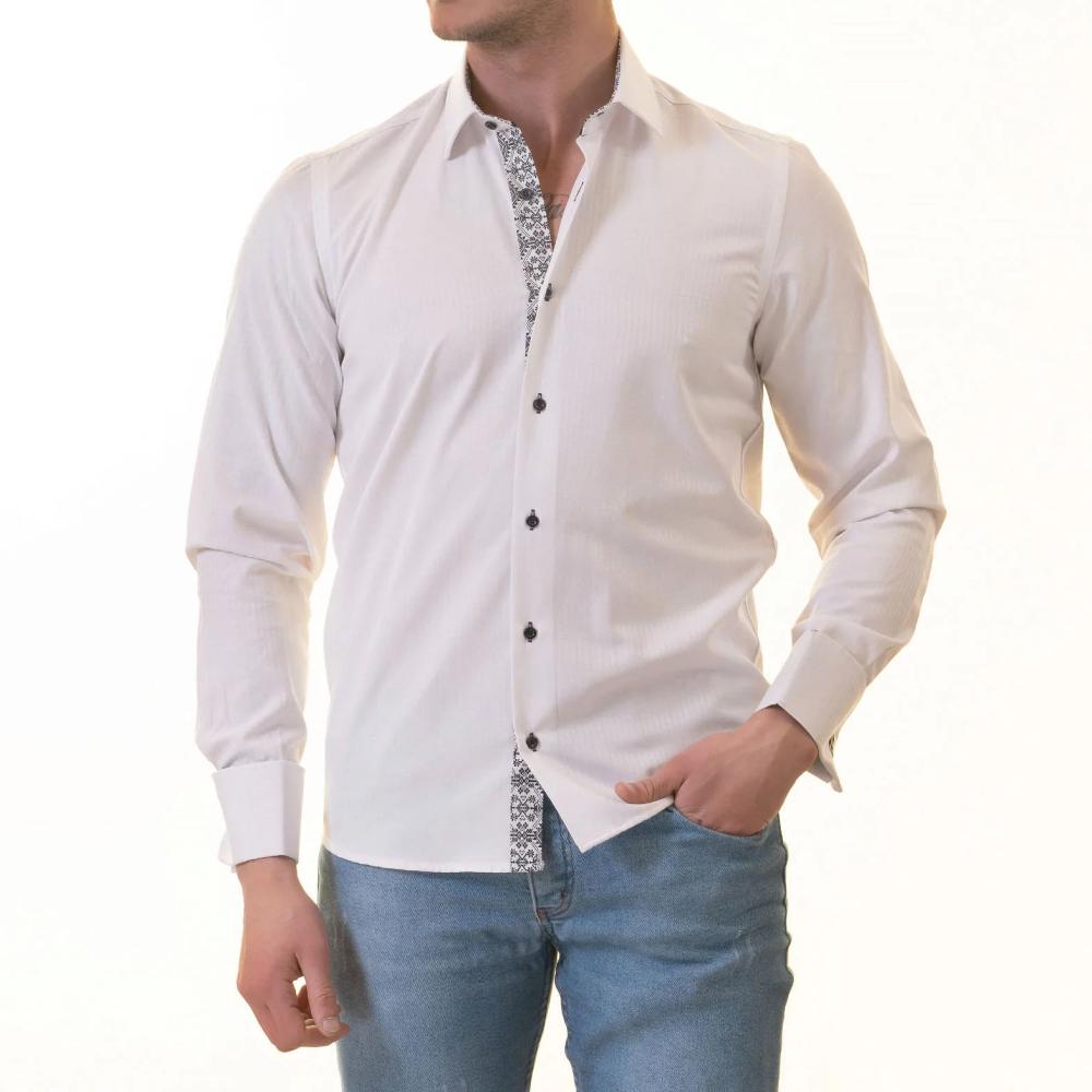 White French Double Cuff Shirt for Men - Slim Fit, Cotton (Black Design Inside)