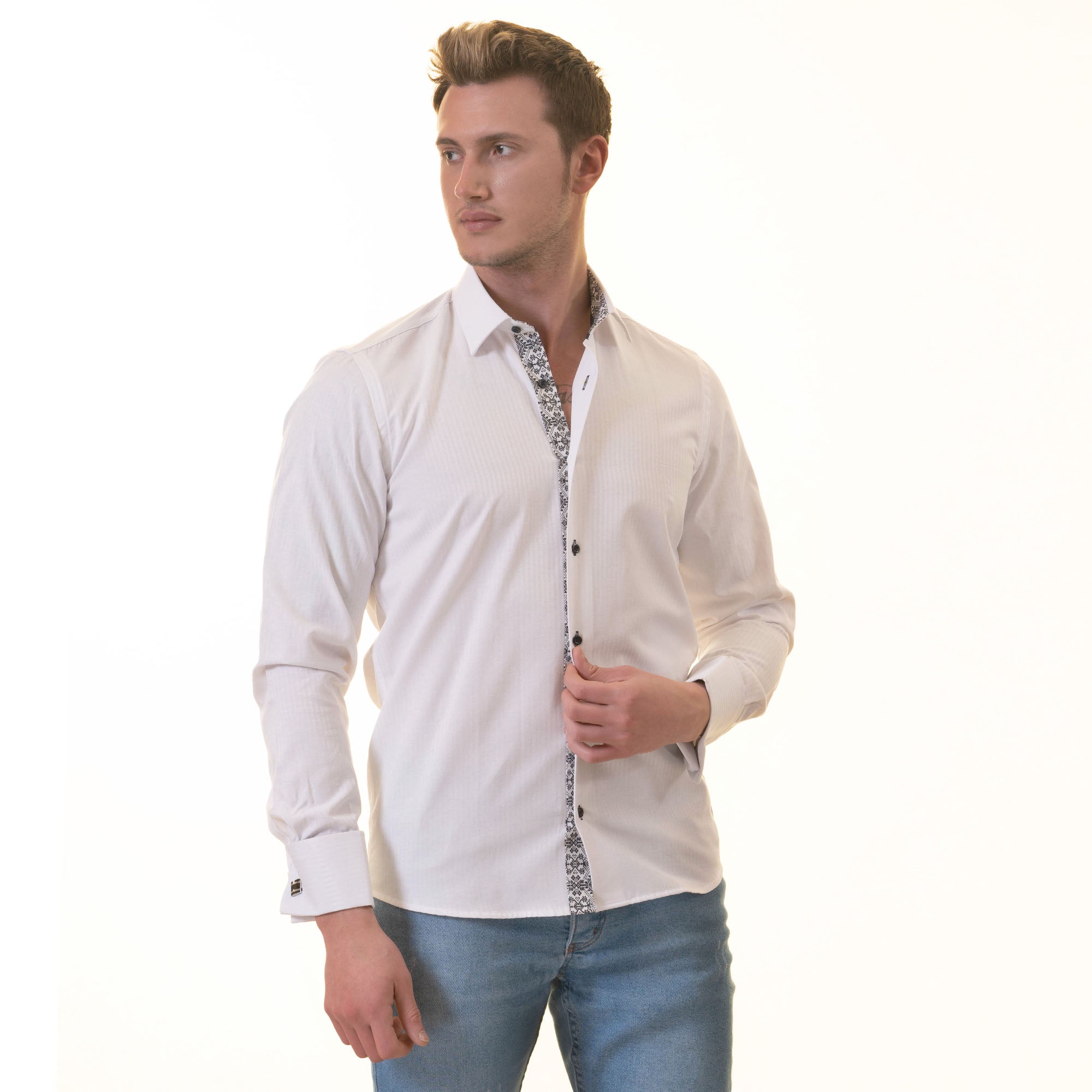 White French Double Cuff Shirt for Men - Slim Fit, Cotton (Black Design Inside) - Image 6