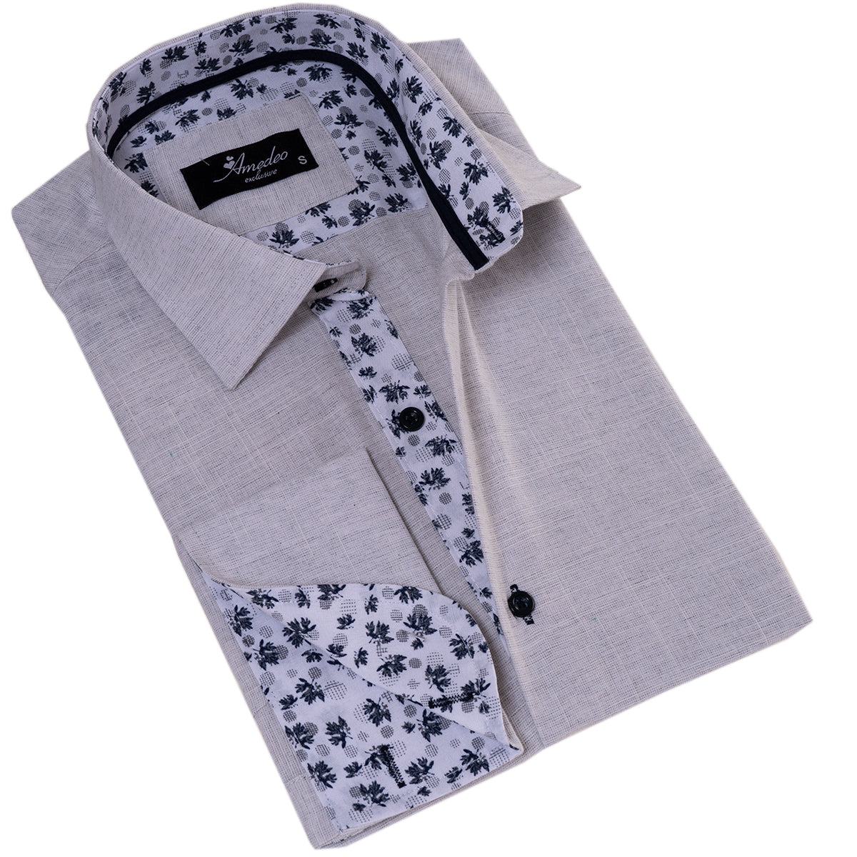 Gray French Cuff Shirt - Men's Slim Fit Long-Sleeved (Black Floral Inside) - Image 3