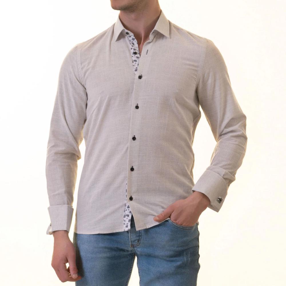 Gray French Cuff Shirt - Men's Slim Fit Long-Sleeved (Black Floral Inside)