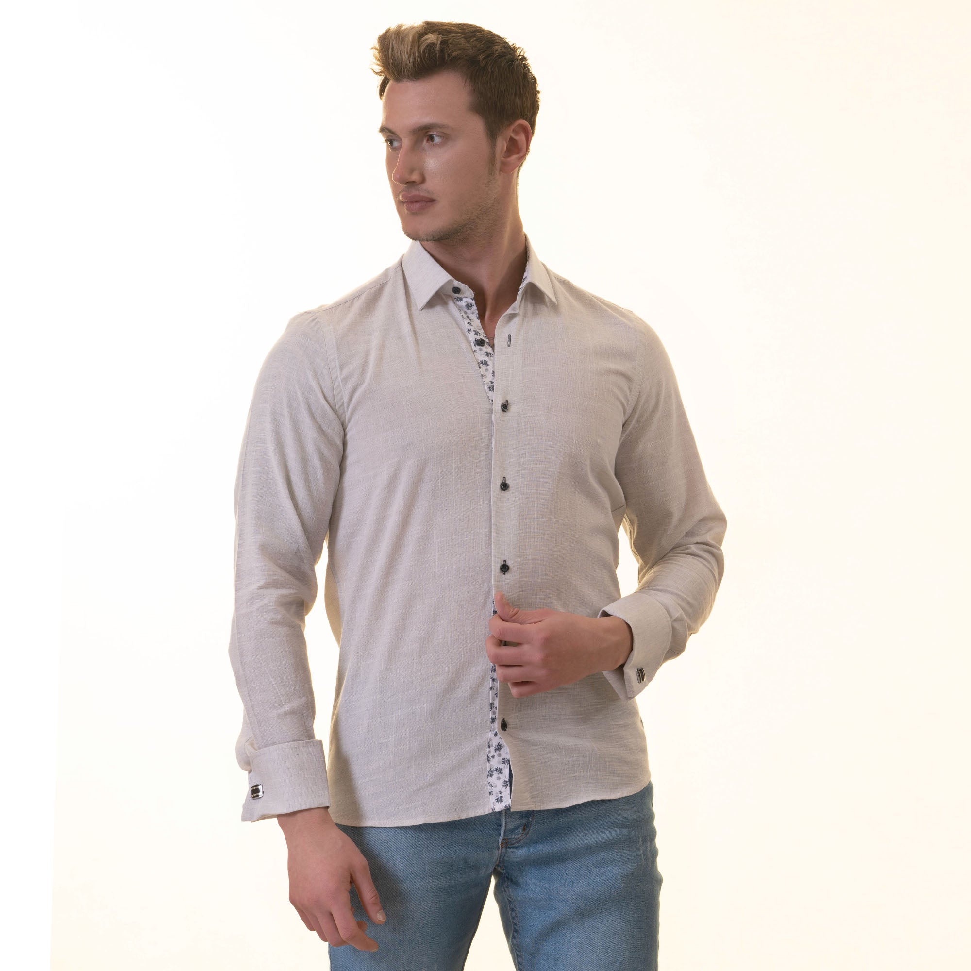 Gray French Cuff Shirt - Men's Slim Fit Long-Sleeved (Black Floral Inside) - Image 9