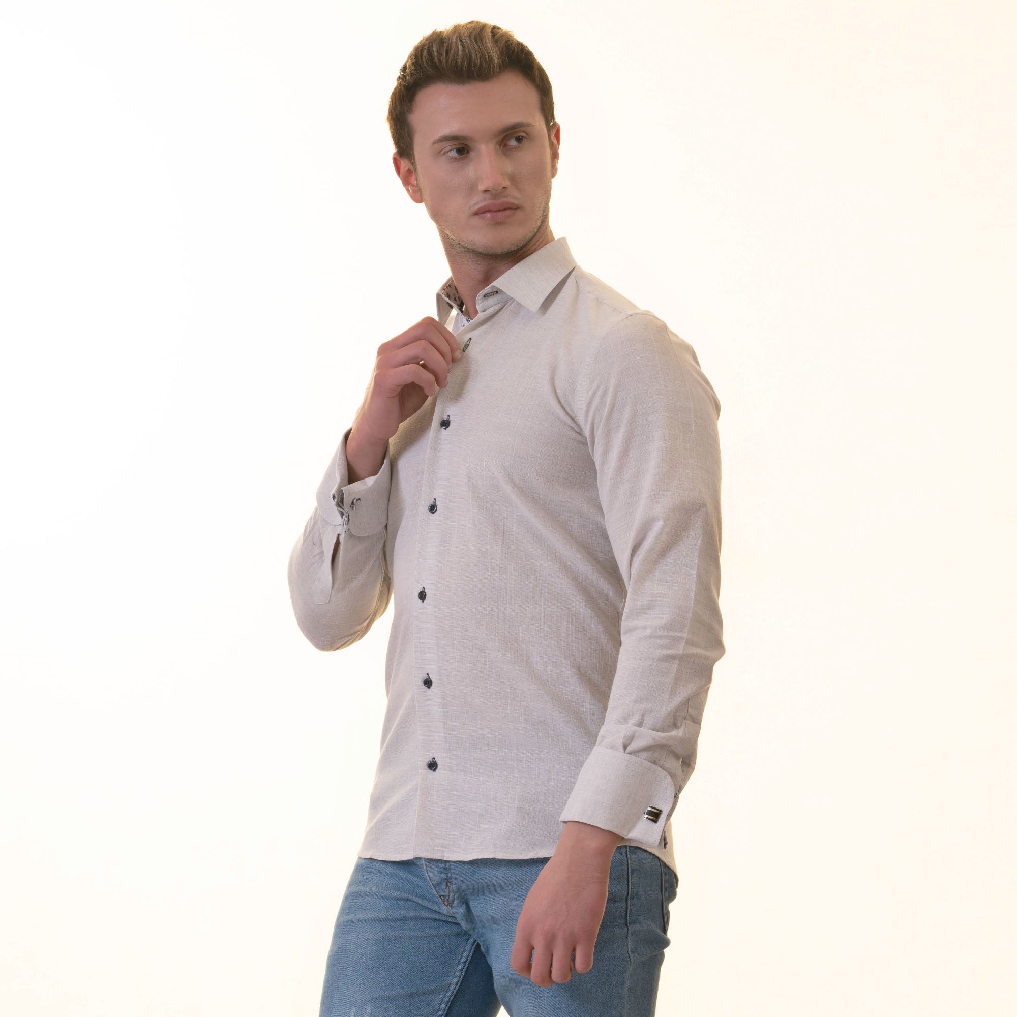 Gray French Cuff Shirt - Men's Slim Fit Long-Sleeved (Black Floral Inside) - Image 4