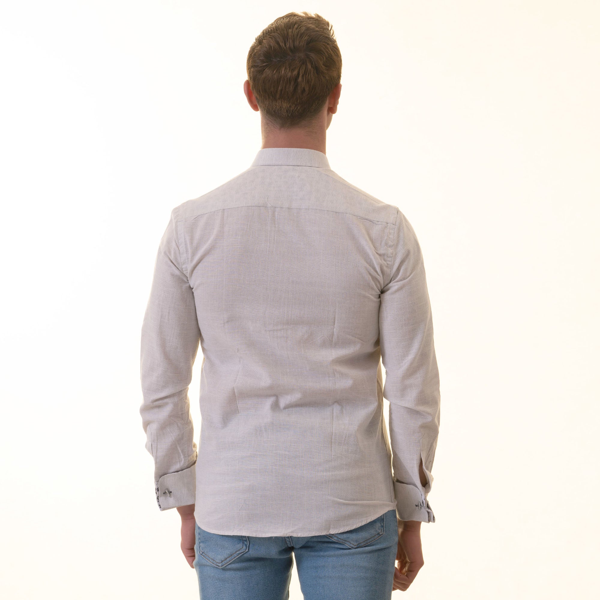 Gray French Cuff Shirt - Men's Slim Fit Long-Sleeved (Black Floral Inside) - Image 5