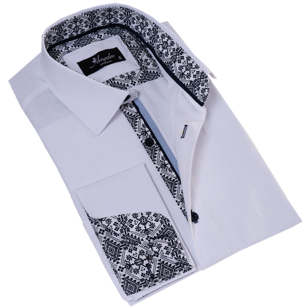 White French Cuff Shirt - Men's Slim Fit Long-Sleeved ( Black Printed Inside) - Image 3