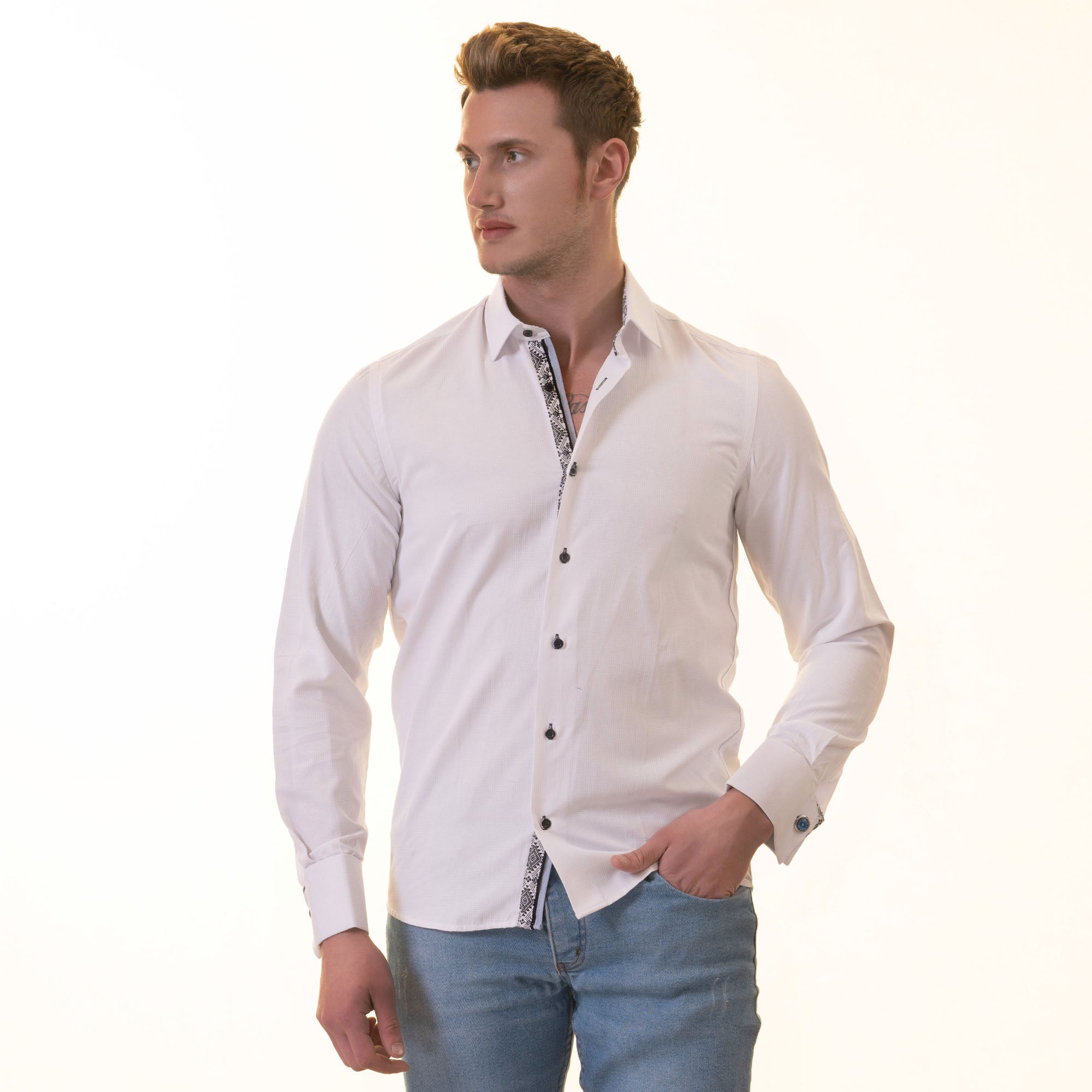 White French Cuff Shirt - Men's Slim Fit Long-Sleeved ( Black Printed Inside) - Image 8