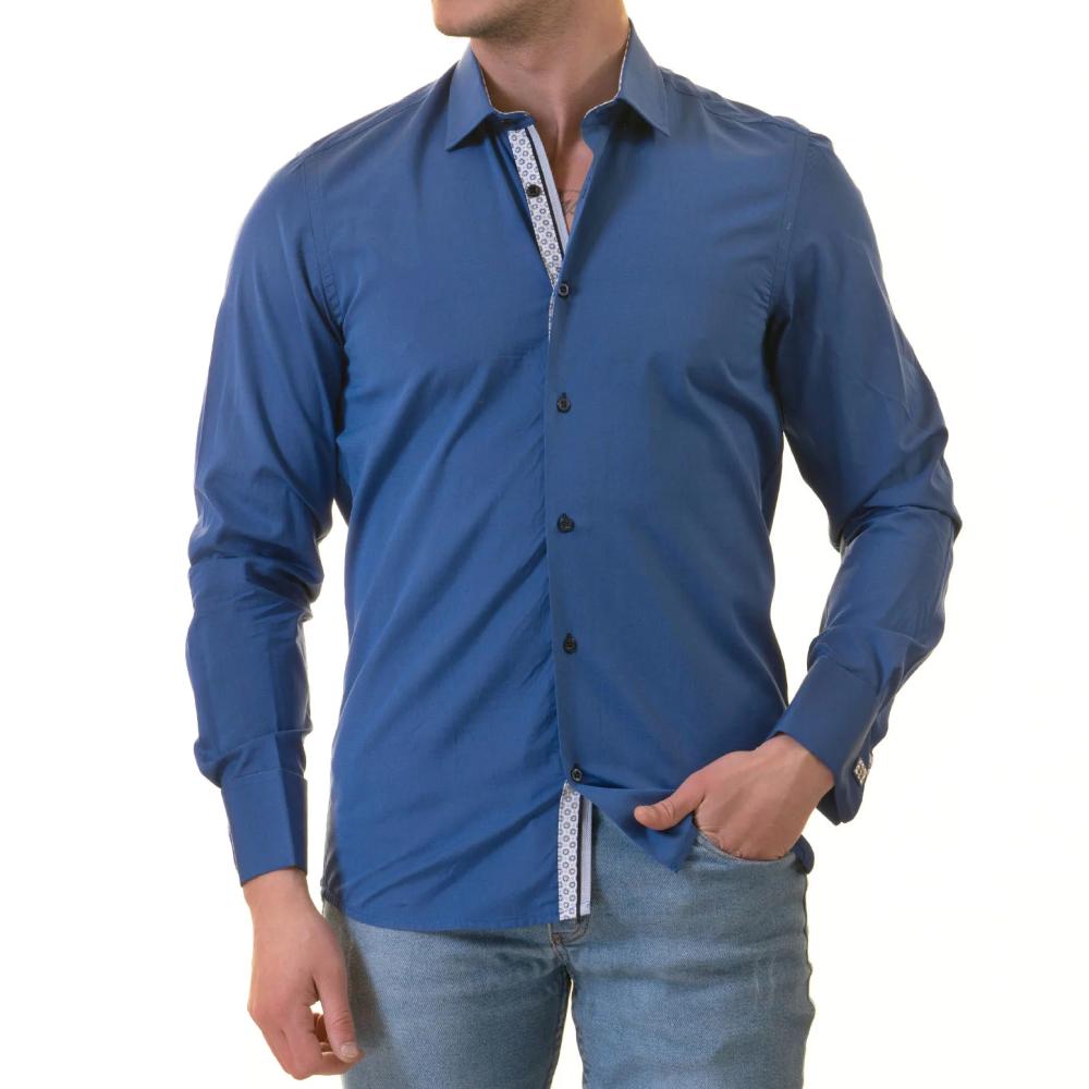 Royal Blue French Double Cuff Shirt -Slim Fit Long-Sleeved Shirt (White Inside)