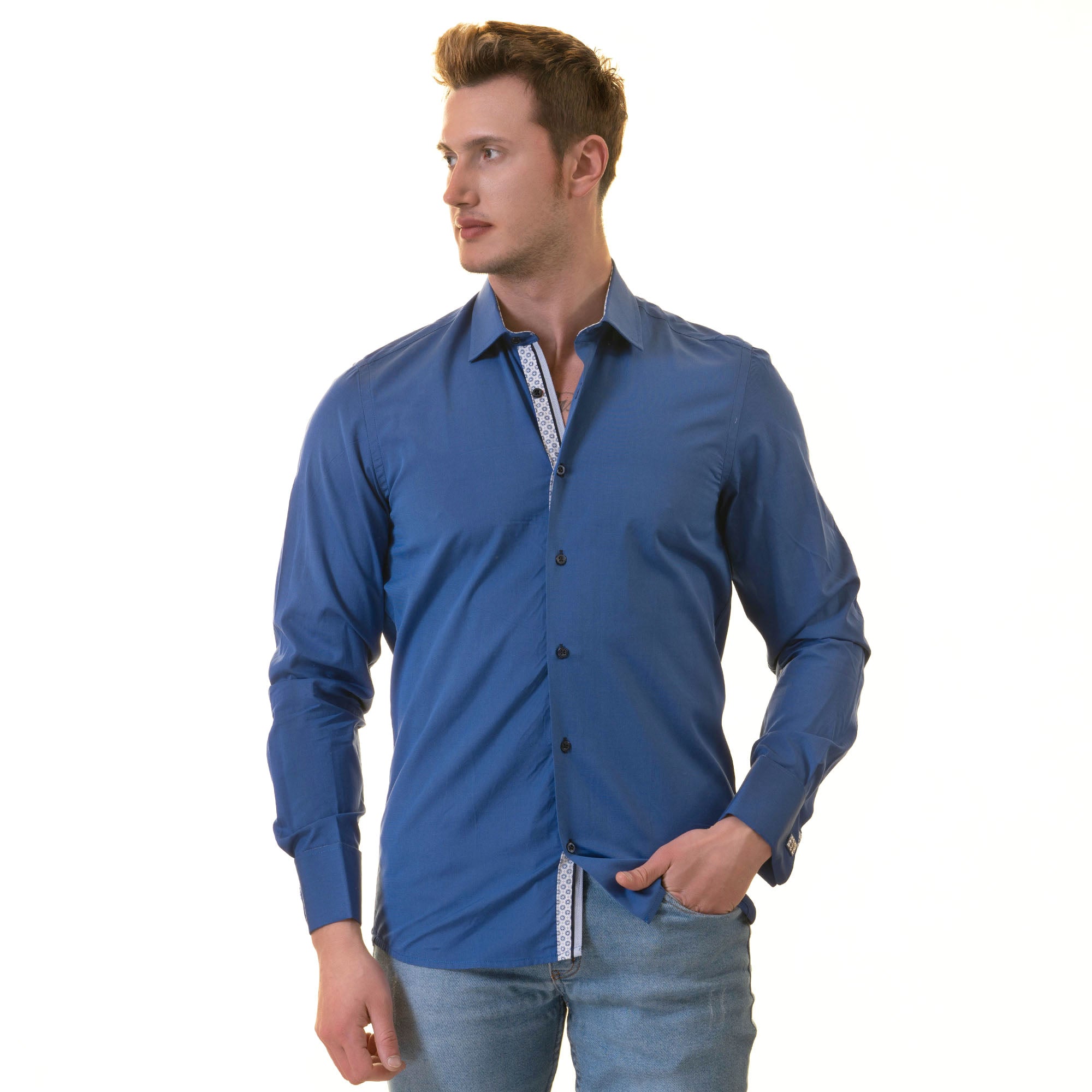 Royal Blue French Double Cuff Shirt -Slim Fit Long-Sleeved Shirt (White Inside) - Image 6