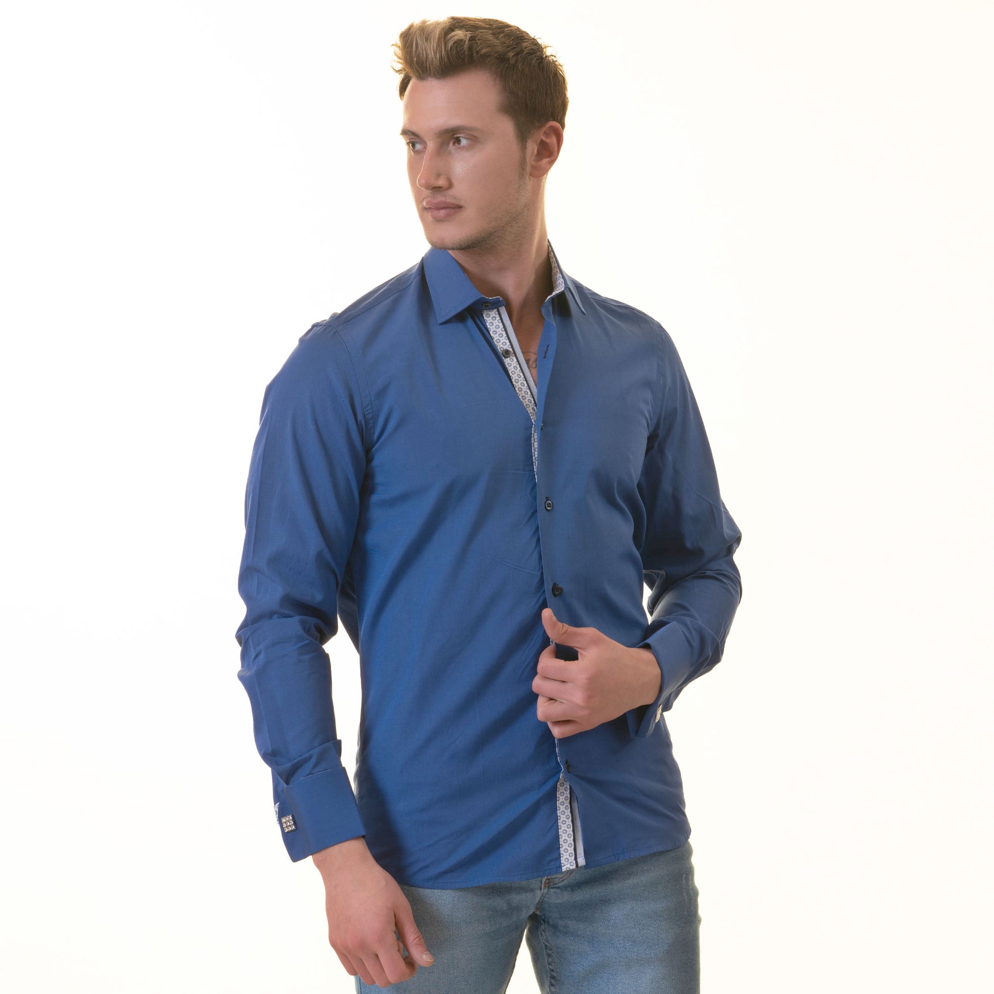 Royal Blue French Double Cuff Shirt -Slim Fit Long-Sleeved Shirt (White Inside) - Image 9