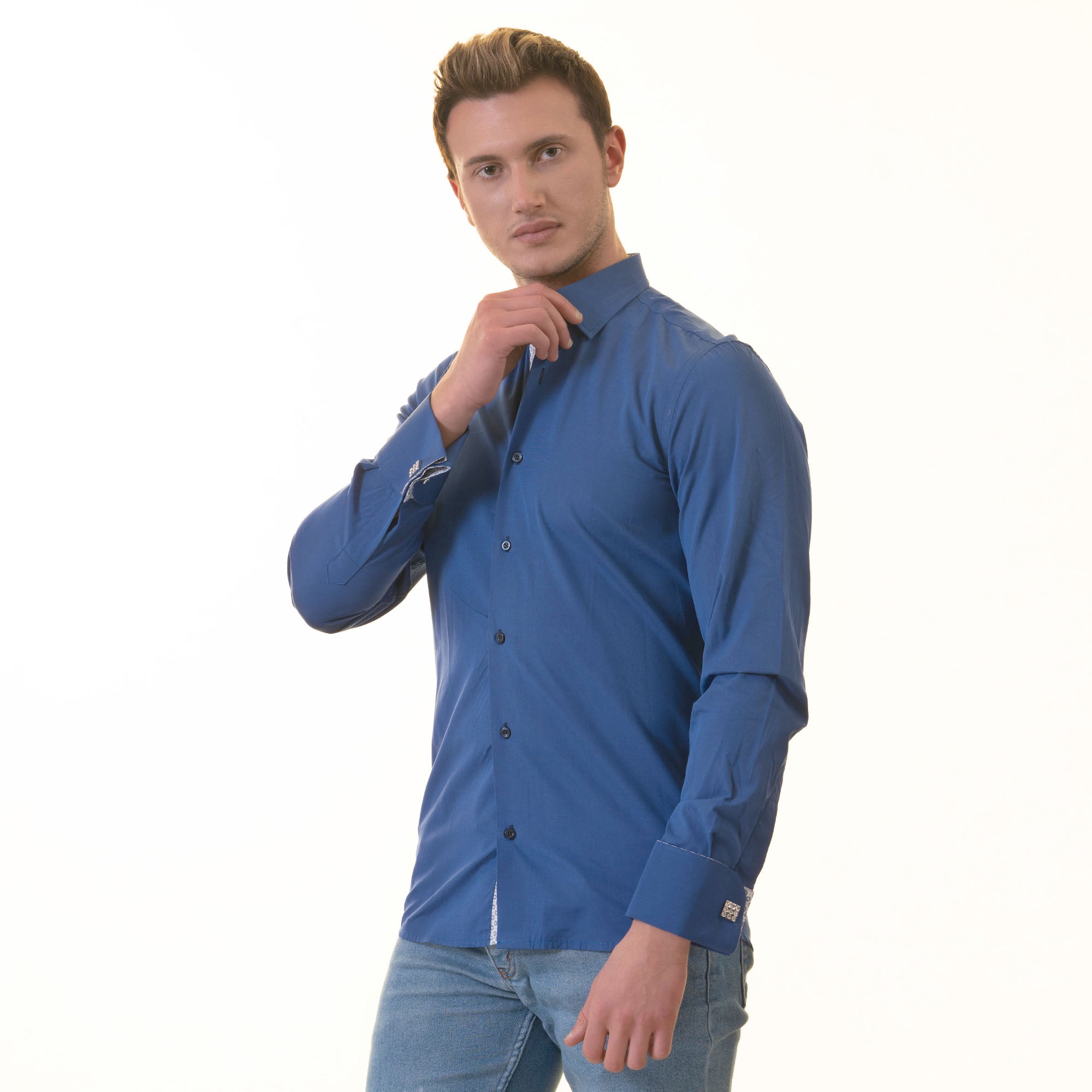Royal Blue French Double Cuff Shirt -Slim Fit Long-Sleeved Shirt (White Inside) - Image 4