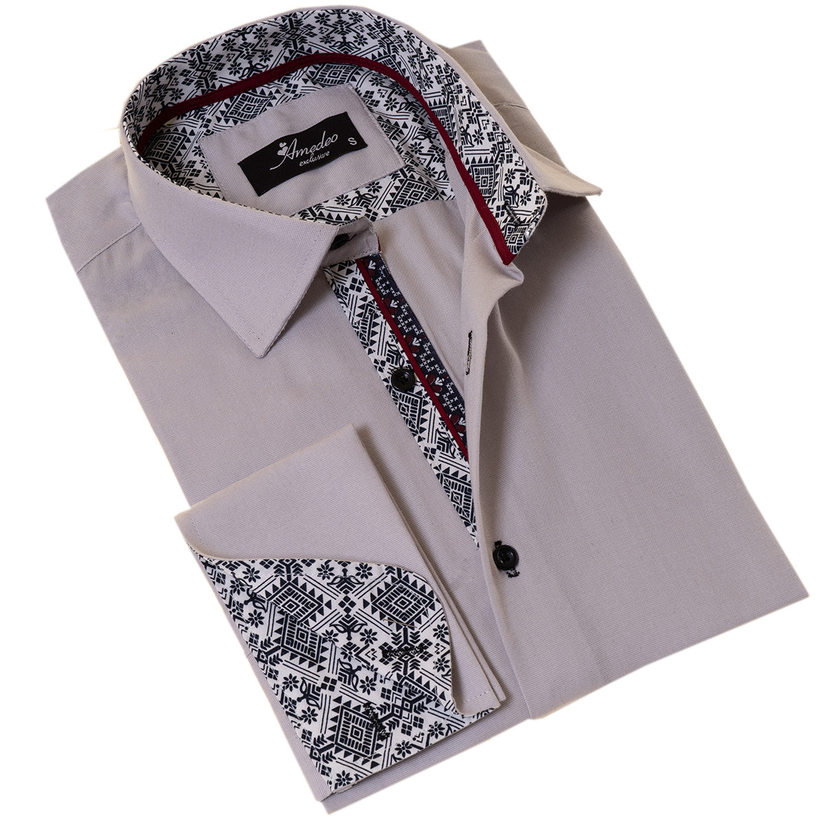 Gray French Double Cuff Shirt - Slim Fit Long-Sleeved Shirt (White Pattern Inside) - Image 3
