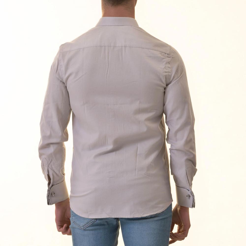 Gray French Double Cuff Shirt - Slim Fit Long-Sleeved Shirt (White Pattern Inside) - Image 2