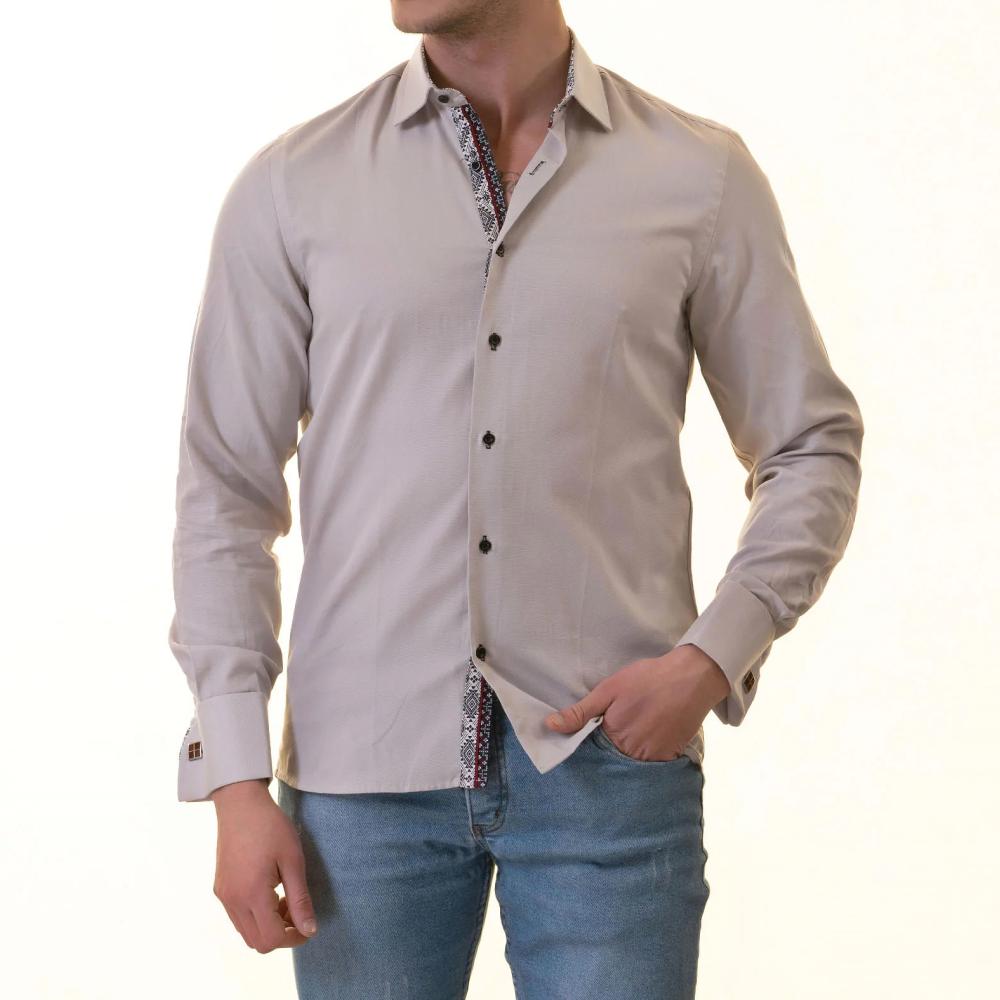 Gray French Double Cuff Shirt - Slim Fit Long-Sleeved Shirt (White Pattern Inside)