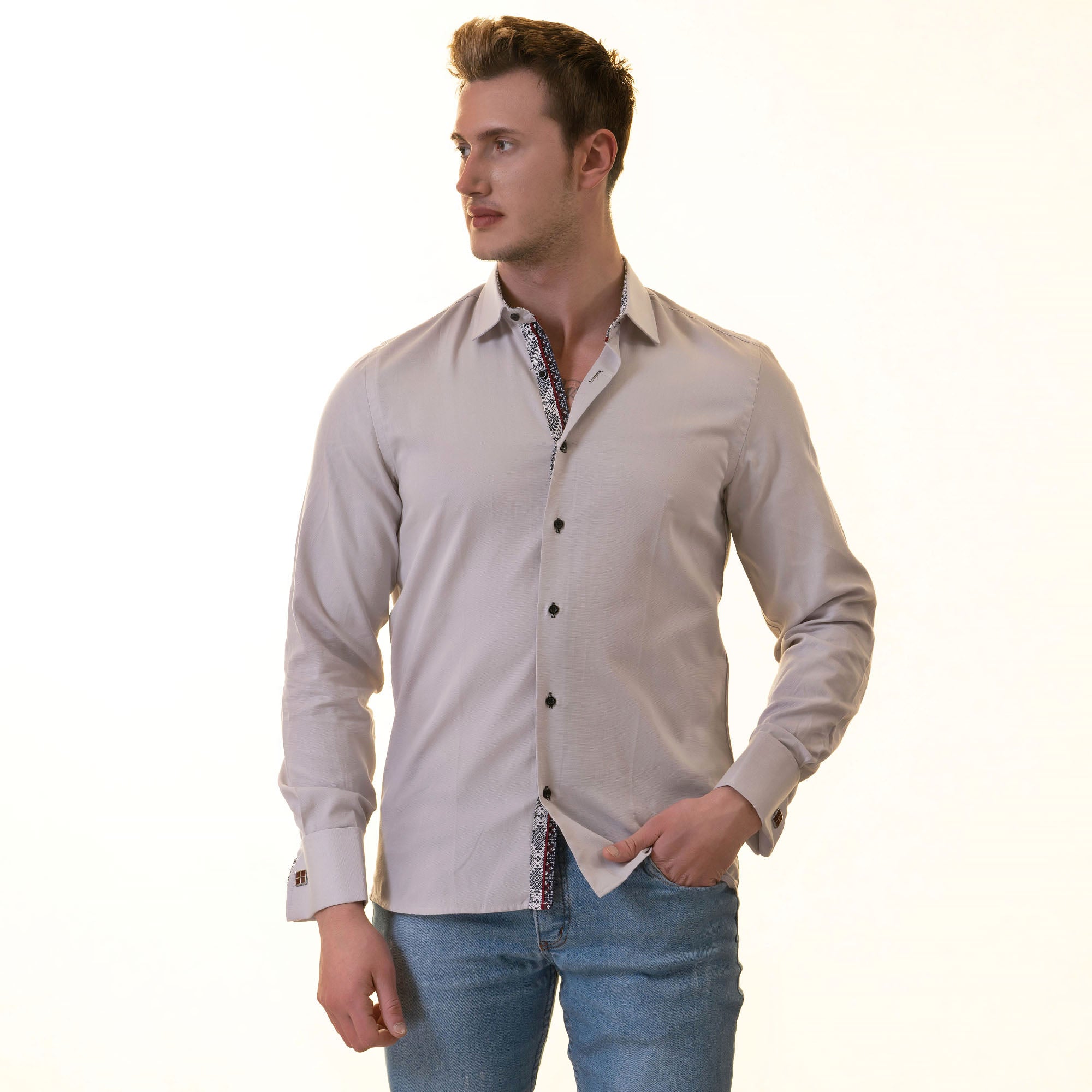 Gray French Double Cuff Shirt - Slim Fit Long-Sleeved Shirt (White Pattern Inside) - Image 4