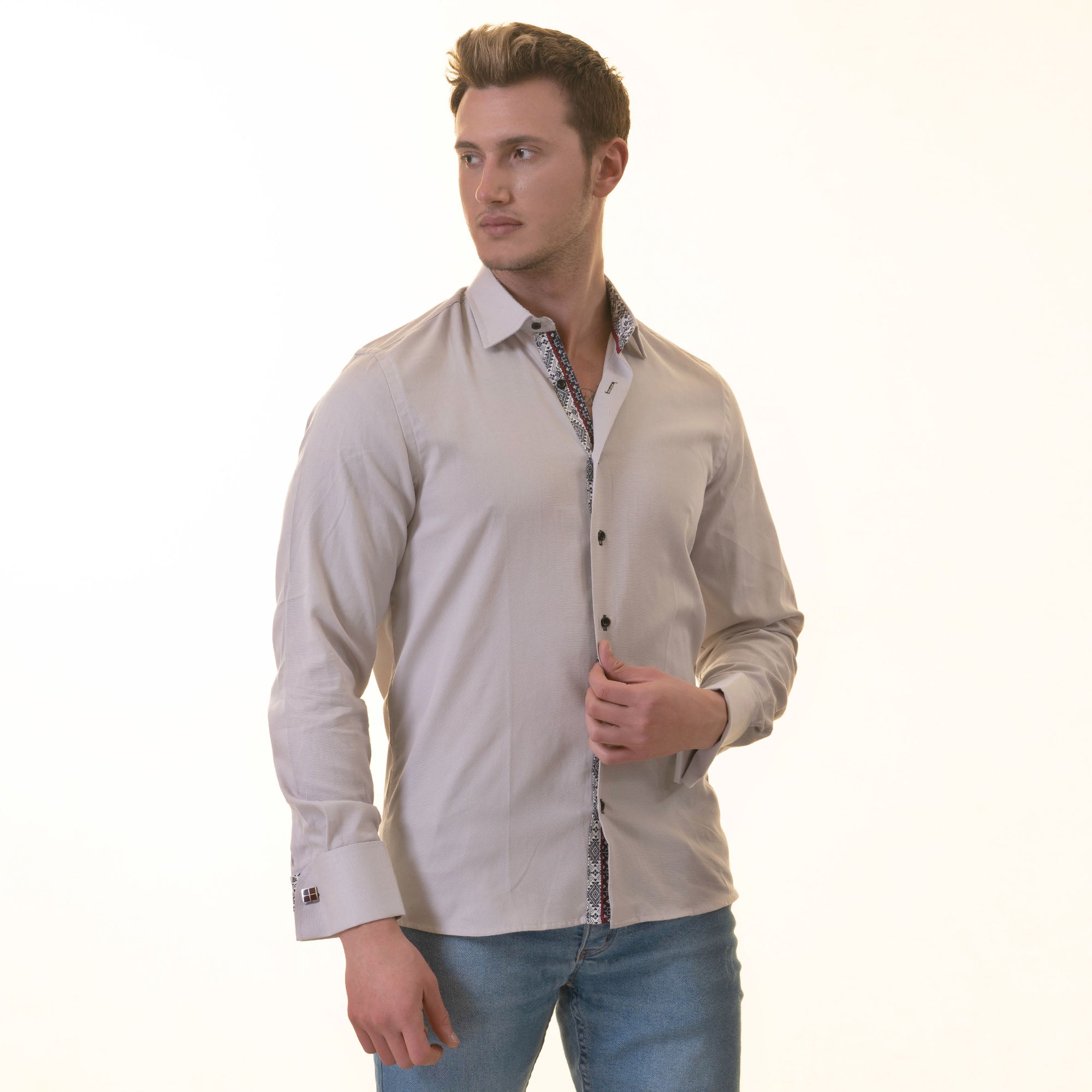Gray French Double Cuff Shirt - Slim Fit Long-Sleeved Shirt (White Pattern Inside) - Image 5