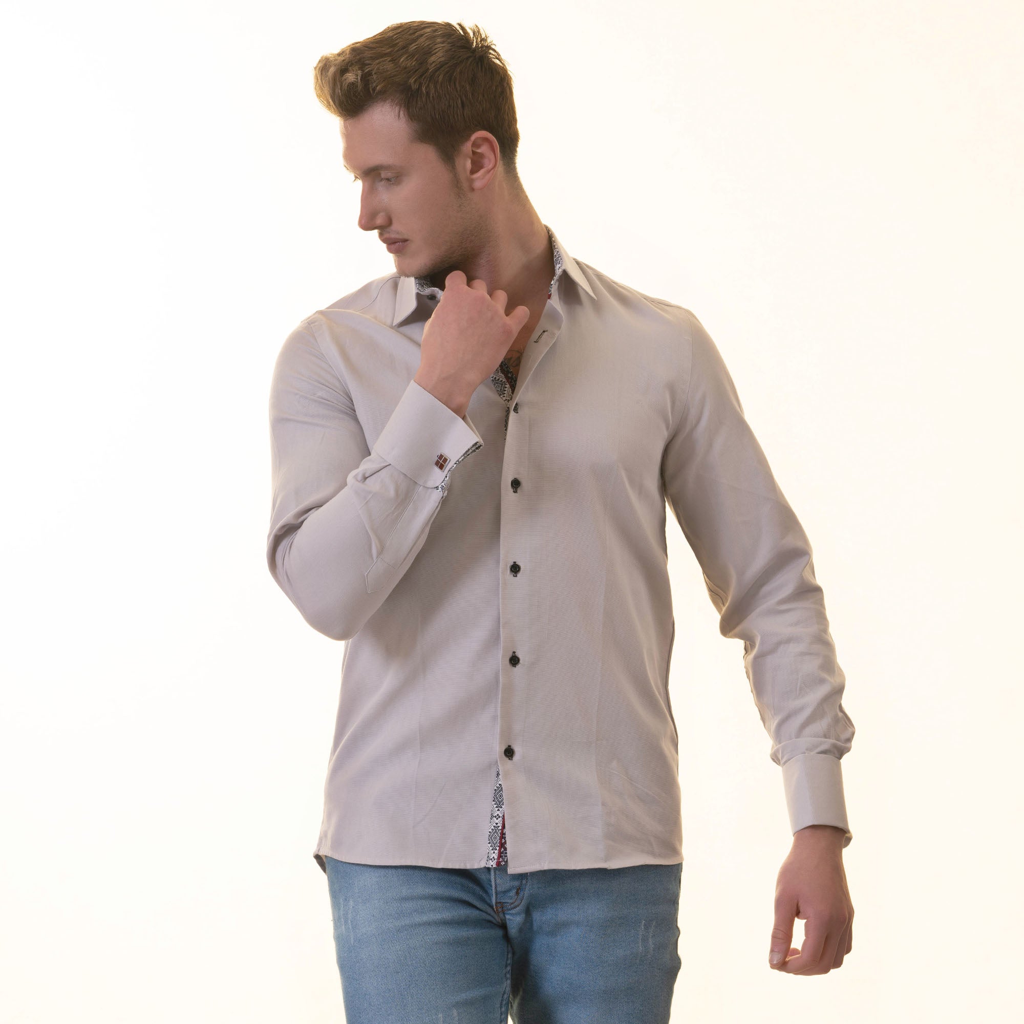 Gray French Double Cuff Shirt - Slim Fit Long-Sleeved Shirt (White Pattern Inside) - Image 6
