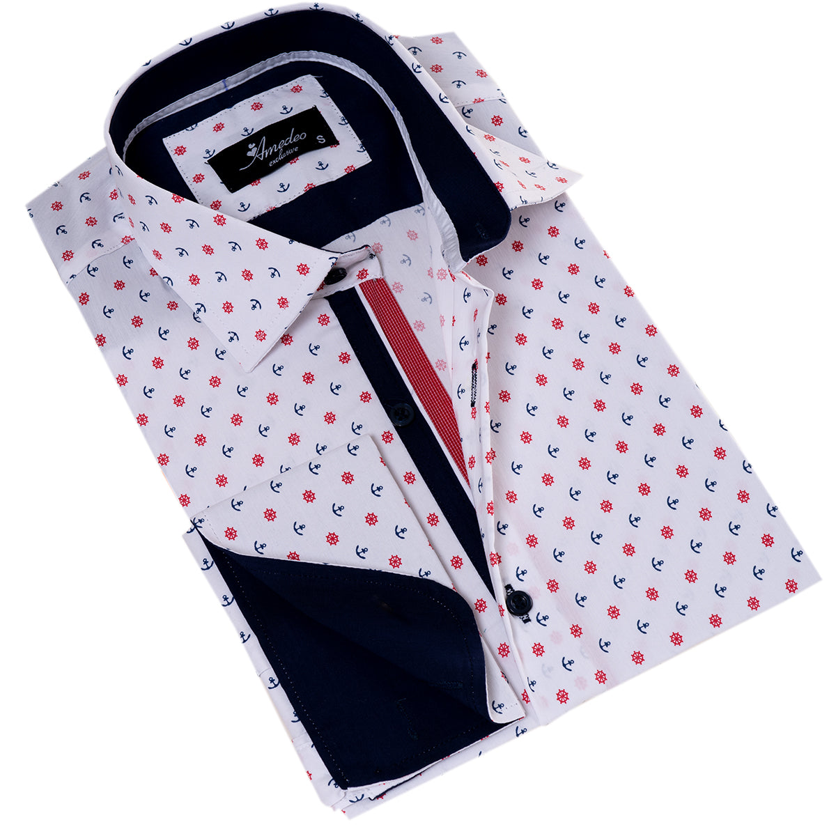 White Blue & Red Anchor French Cuff Shirt - Men’s Slim Fit European Shirt - Image 3