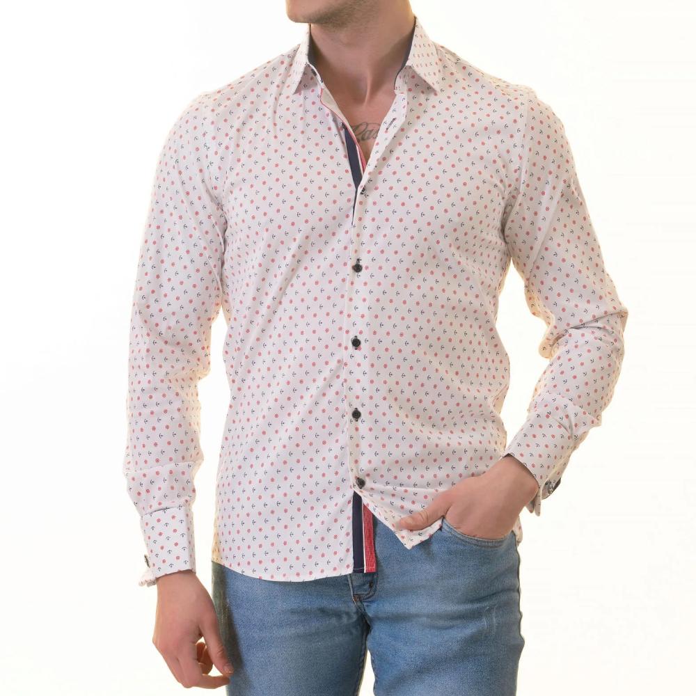 White Blue & Red Anchor French Cuff Shirt - Men’s Slim Fit European Shirt